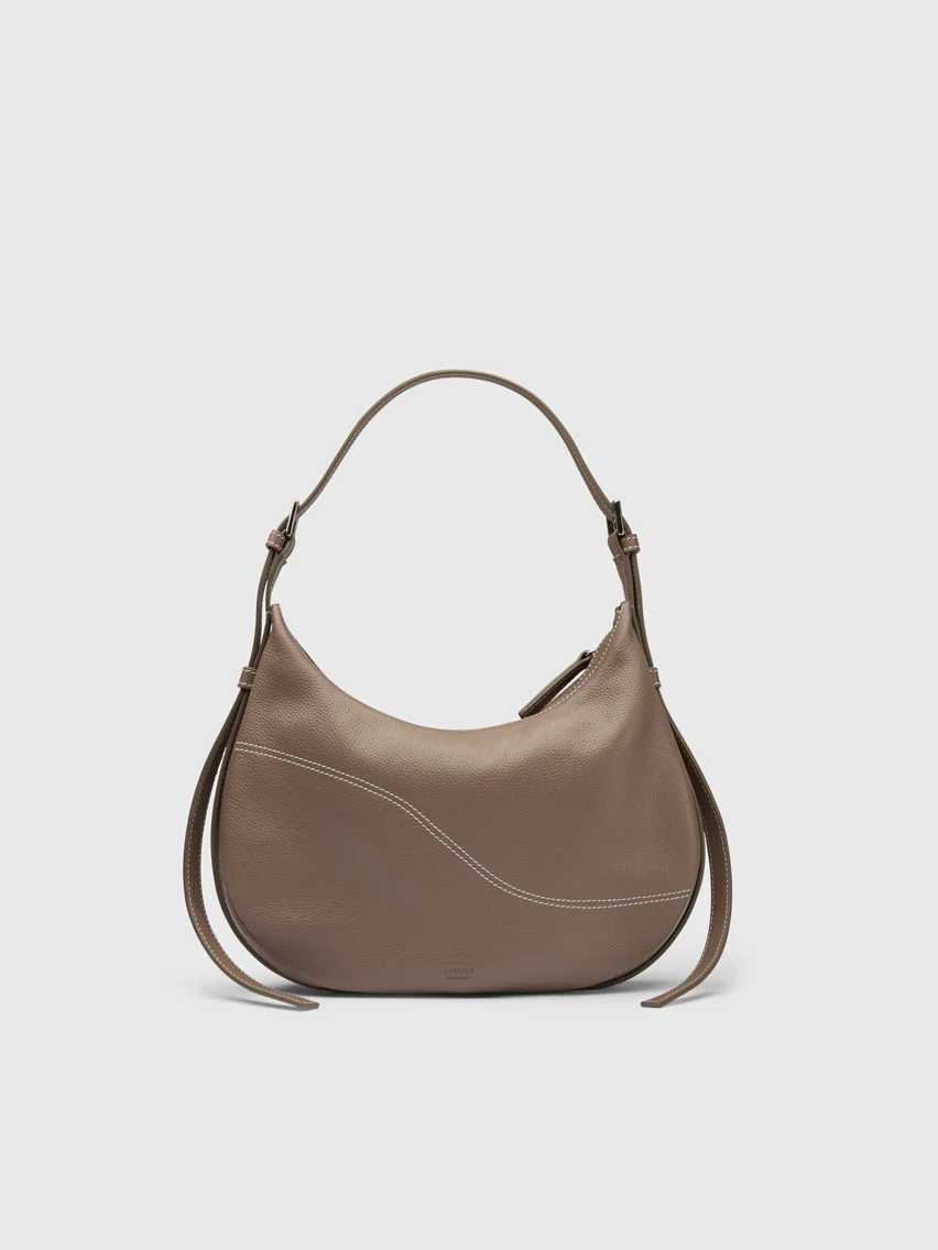 Liveri Tahini/Contrast Stitch Grained Leather Small hobo bag
